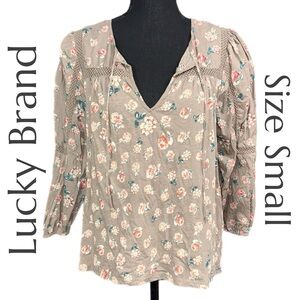 Lucky Brand - Floral Cotton Lace Trim Blouse - Taupe Multicolor - Size Small